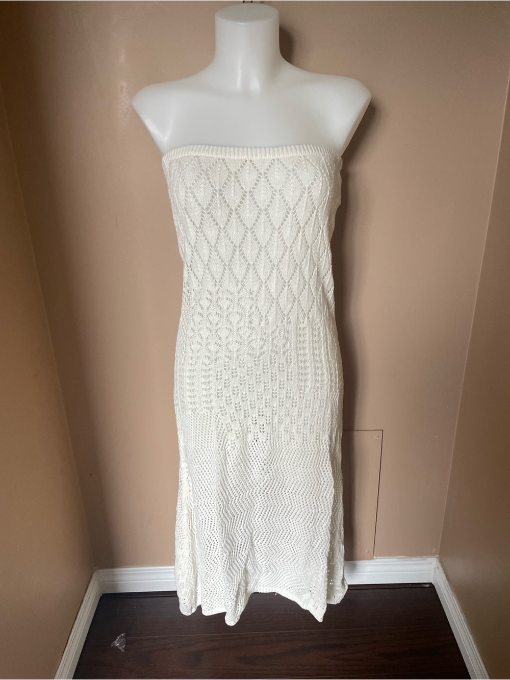 Strapless White Crochet/ Knit Midi Dress